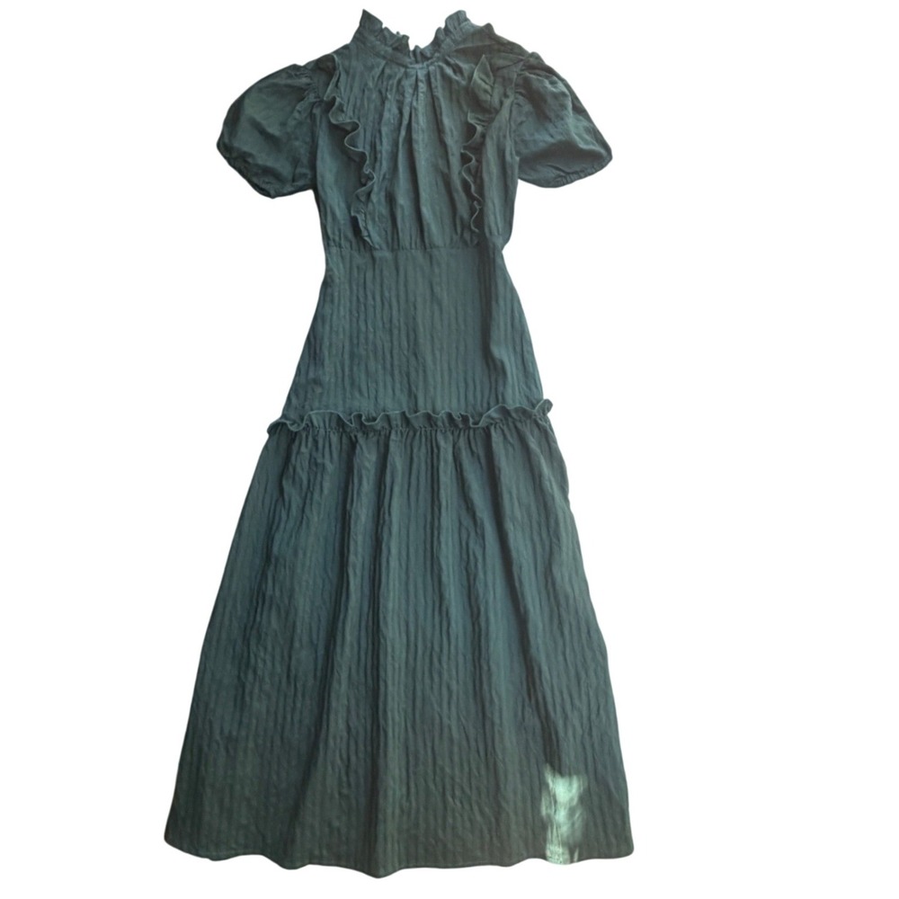 Vintage Style Prairie Dress Ruffle High Neck Tier Maxi Puff Sleeve Cottagecore M